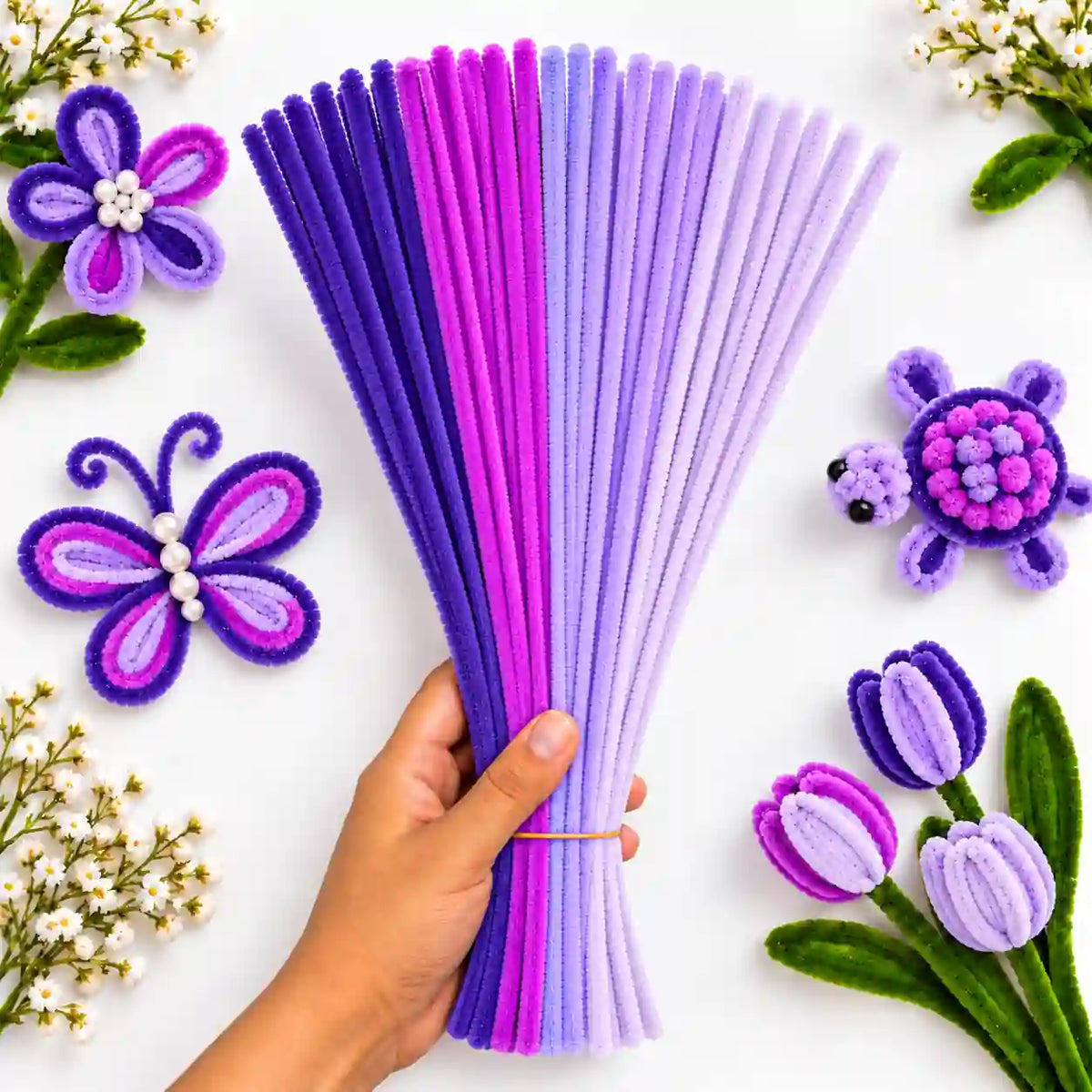 Purple Family Mix 6 mm fluffy pipe cleaners in Dark Purple, Lavender, Pink, Magenta & White, with craft examples