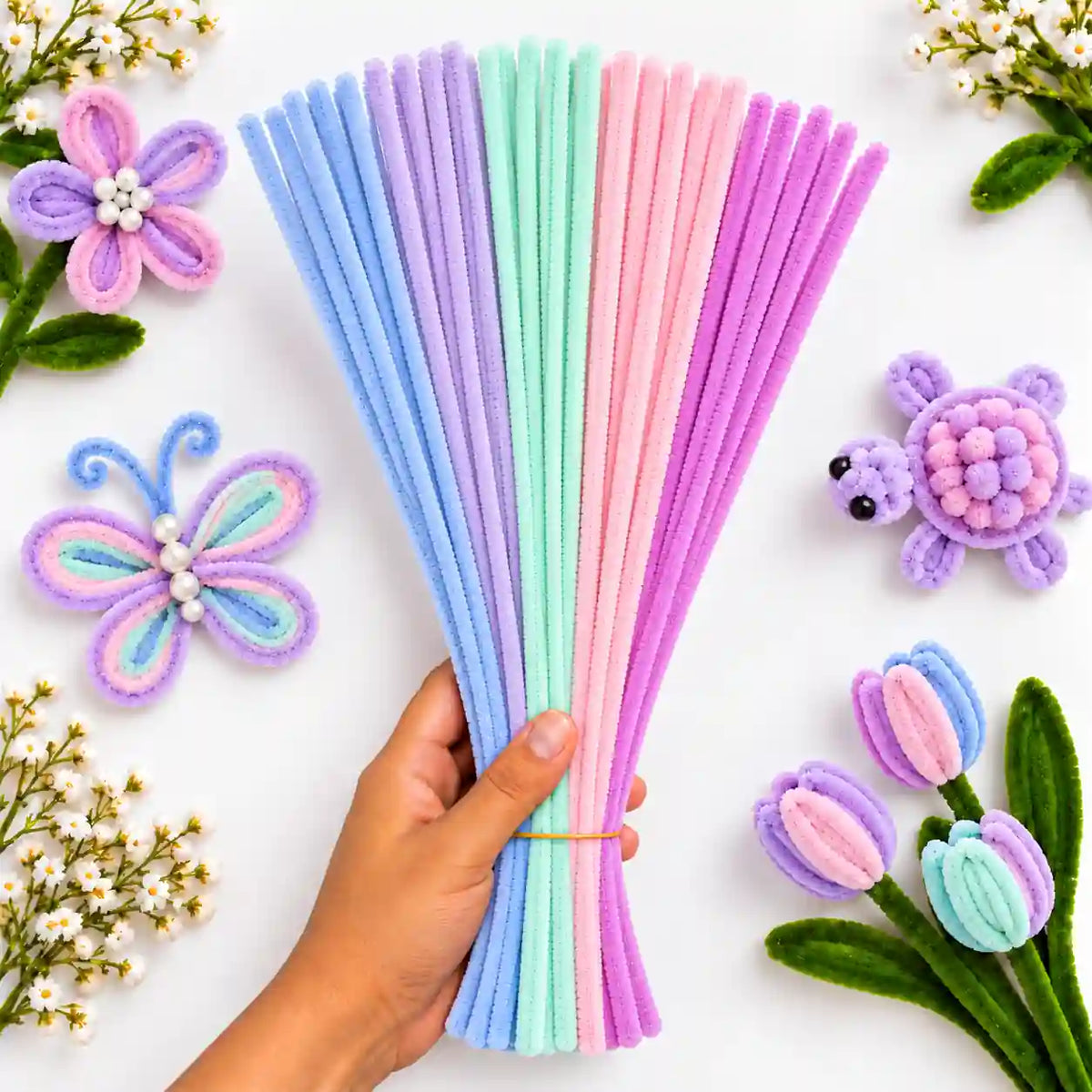 Soft Pastel Mix 6 mm fluffy pipe cleaners in Pink, Purple, Blue & Aqua, with craft examples