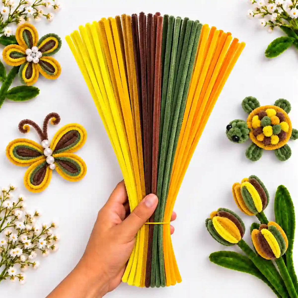 Sunflower Mix 6 mm fluffy pipe cleaners in Yellow, Green, Brown & Orange, with craft examples