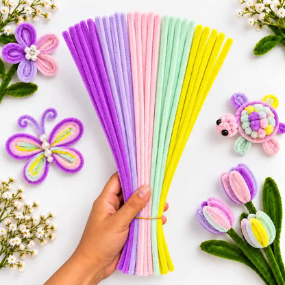 Unicorn Theme Mix 6 mm fluffy pipe cleaners in Pink, Purple, Yellow & Aqua, with craft examples