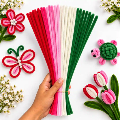 Valentine Theme Mix 6 mm fluffy pipe cleaners in Red, Pink, White & Green, with craft examples