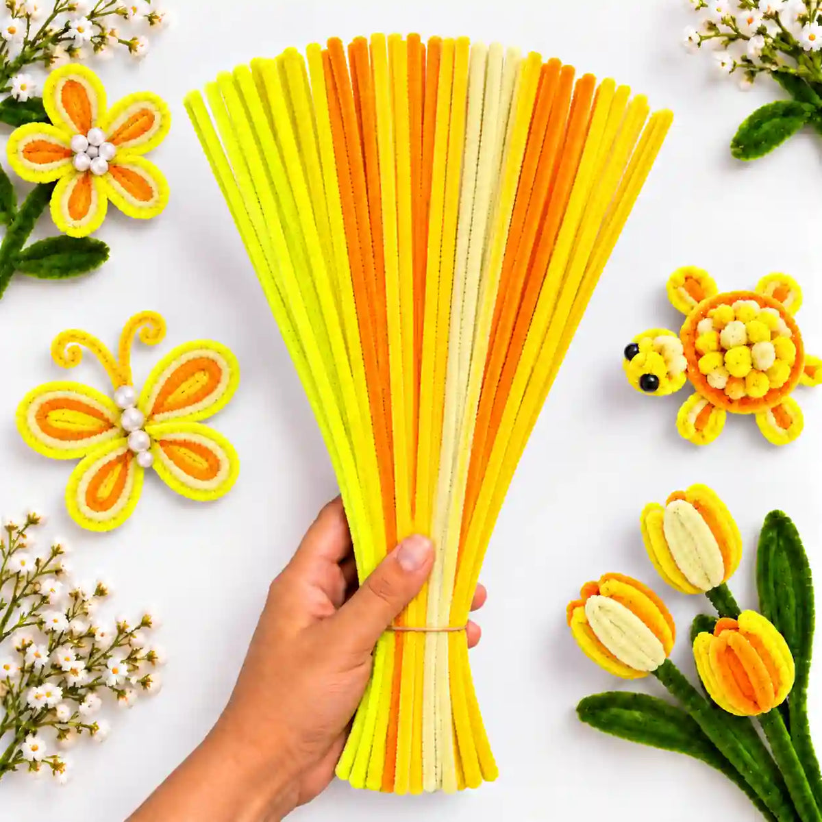 Yellow Family Mix 6 mm fluffy pipe cleaners in Yellow, Lemon Yellow, Cream & Orange, with craft examples