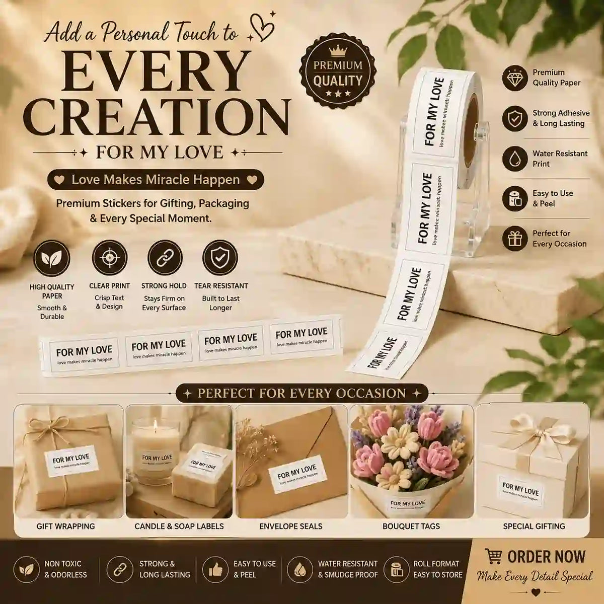 For My Love Gift Label Sticker Roll – Romantic Packaging Labels – product image