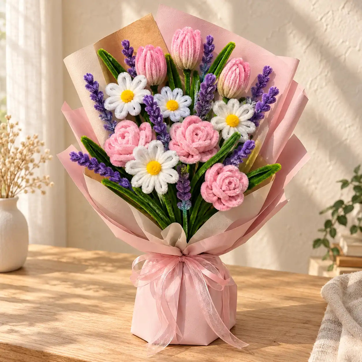 Handmade pink rose, tulip and daisy pipe cleaner bouquet with pink wrapping
