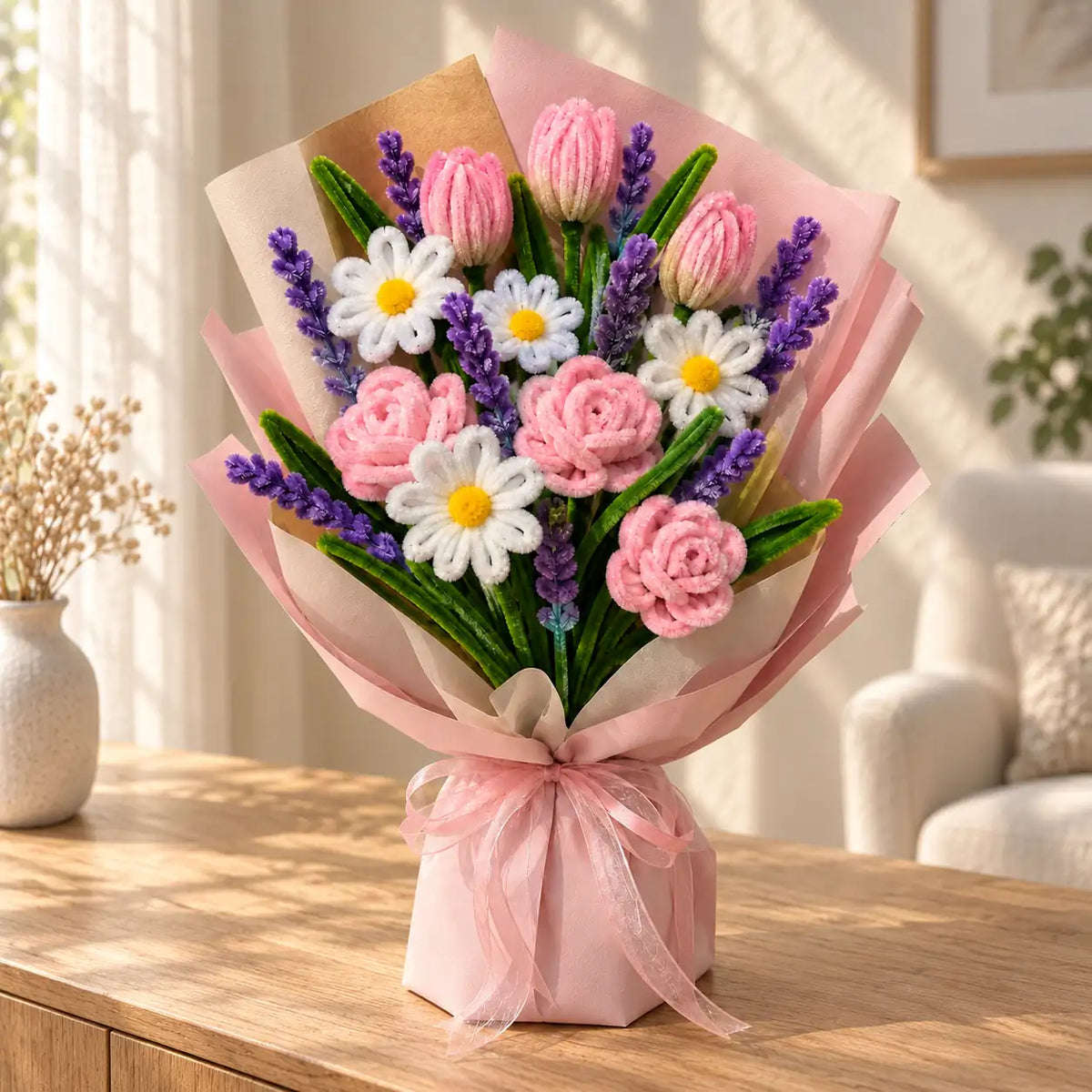 Finished handmade mixed flower bouquet displayed on an oak console