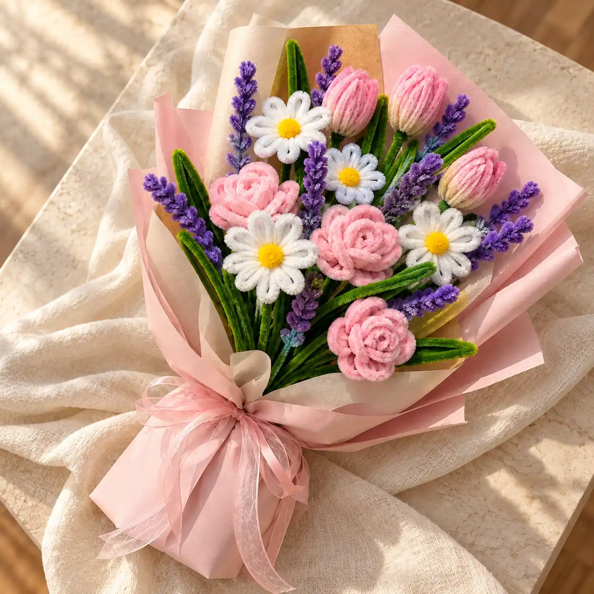 Pink handmade bouquet with ribbon arranged on linen for gifting