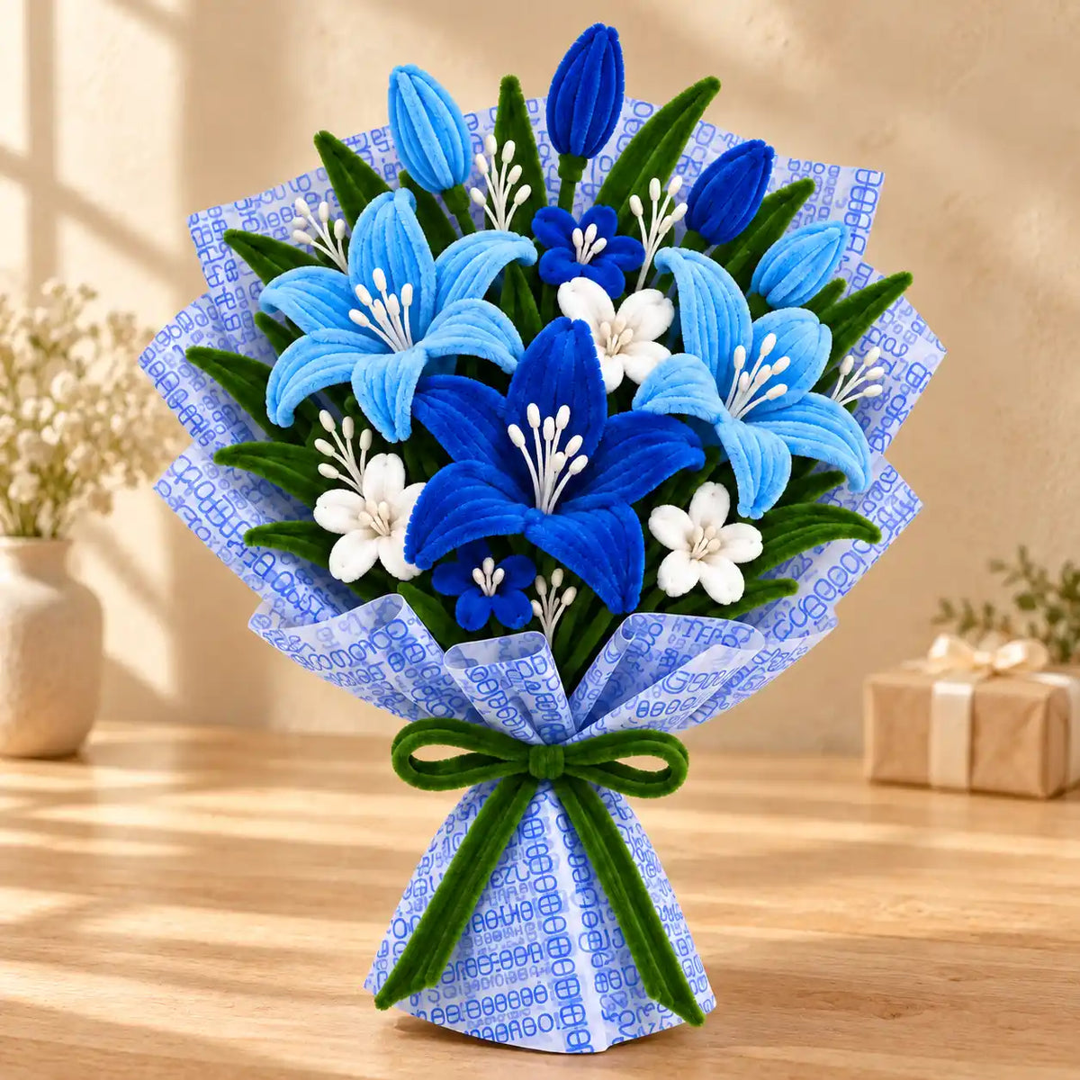 Blue handmade pipe cleaner flower bouquet in a warm gifting setting