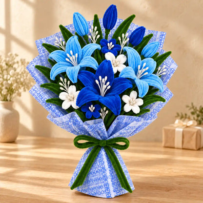 Blue handmade pipe cleaner flower bouquet in a warm gifting setting