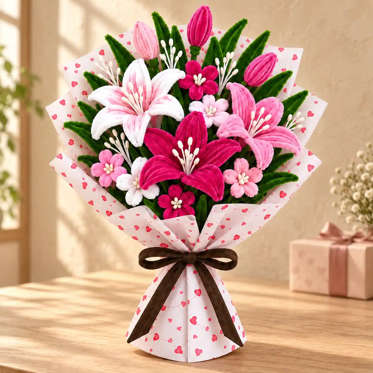 Pink handmade pipe cleaner flower bouquet in a warm gifting setting