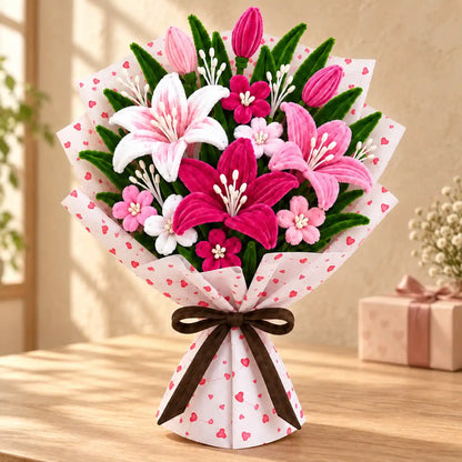 Pink handmade pipe cleaner flower bouquet in a warm gifting setting
