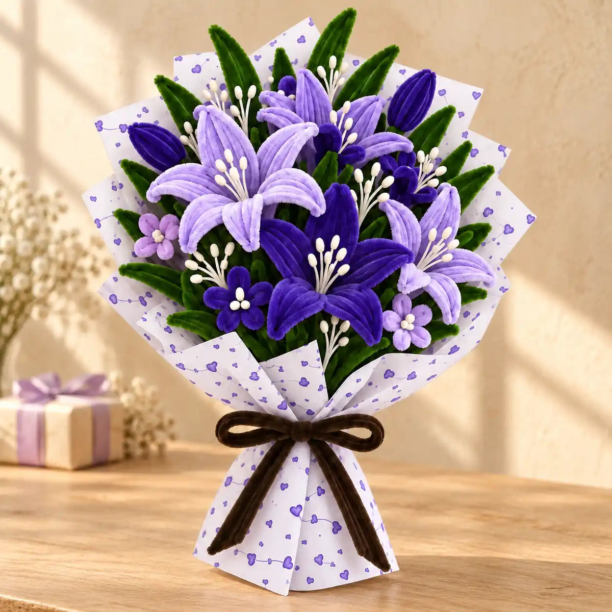 Purple handmade pipe cleaner flower bouquet in a warm gifting setting