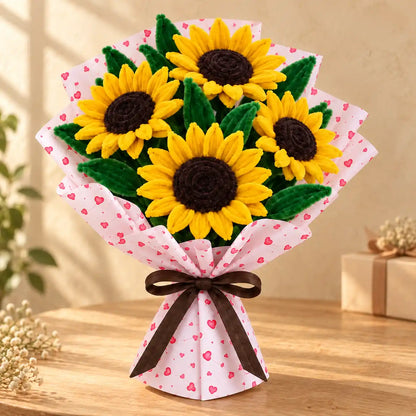 Handmade pipe cleaner sunflower bouquet in a warm gifting setting