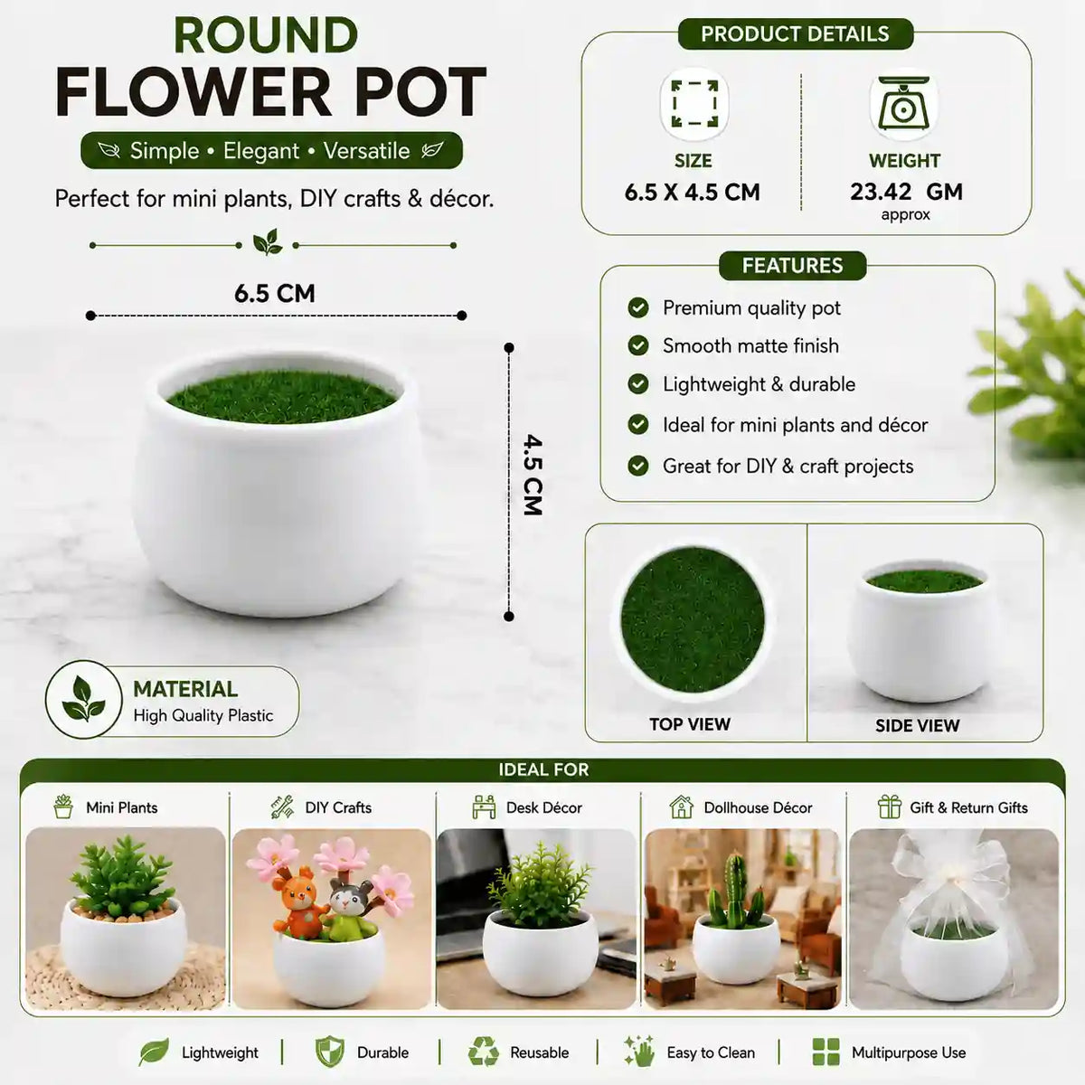 Mini Round White Flower Pot with Artificial Grass – 6.5 × 4.5 cm