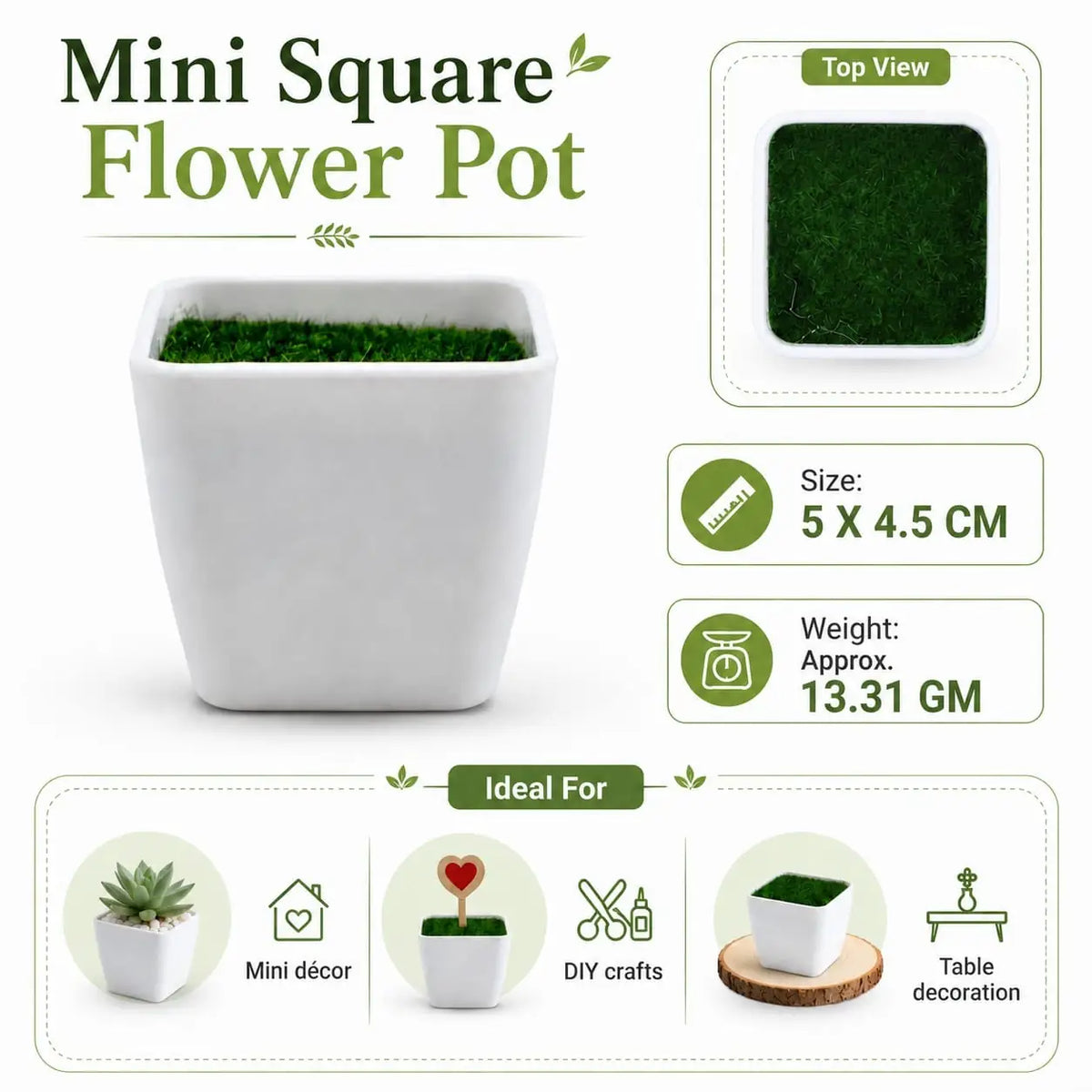 Mini Square White Flower Pot with Artificial Grass – 5 × 4.5 cm