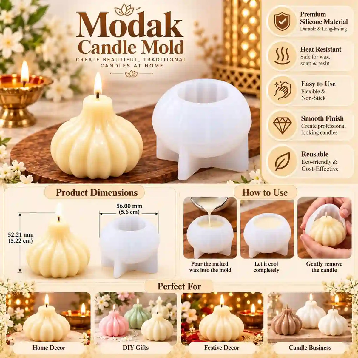 Modak candle mould dimensions, uses and candle-making guide
