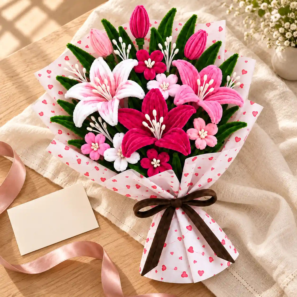 Pink pipe cleaner lily bouquet gift detail view