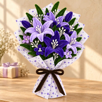 Handmade purple pipe cleaner lily bouquet front view