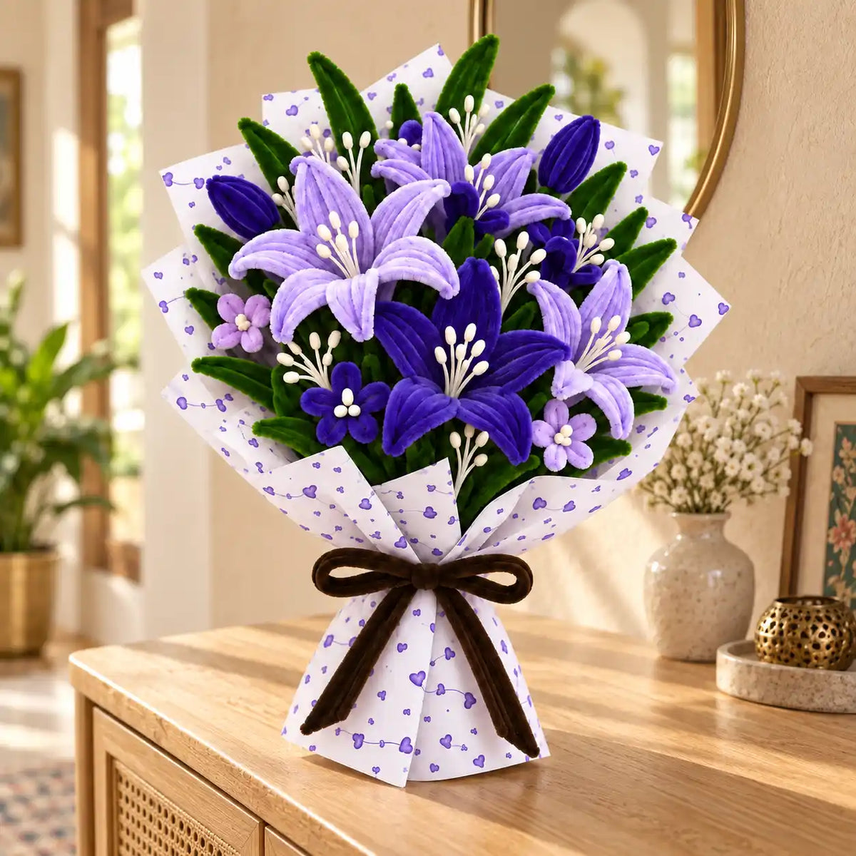 Purple handmade pipe cleaner flower bouquet displayed in a warm interior