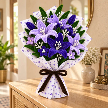 Purple handmade pipe cleaner flower bouquet displayed in a warm interior