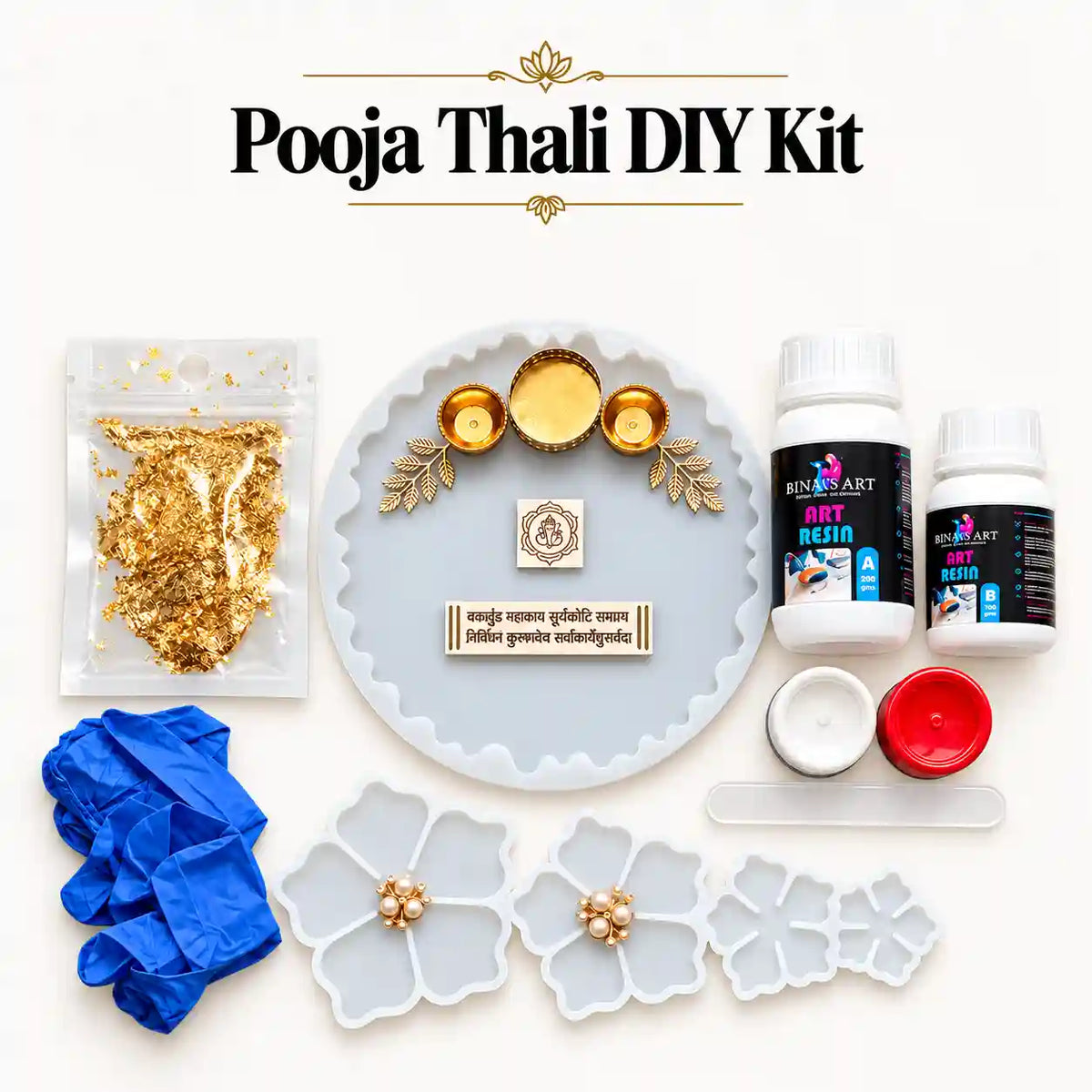 Resin Pooja Thali DIY Kit with Flower Moulds & Mantra materials