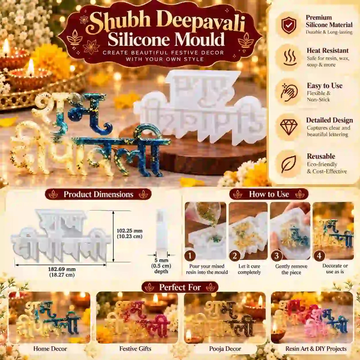 Shubh Deepavali Hindi Text Silicone Resin Mould – 18.27 × 10.23 cm – product details and uses