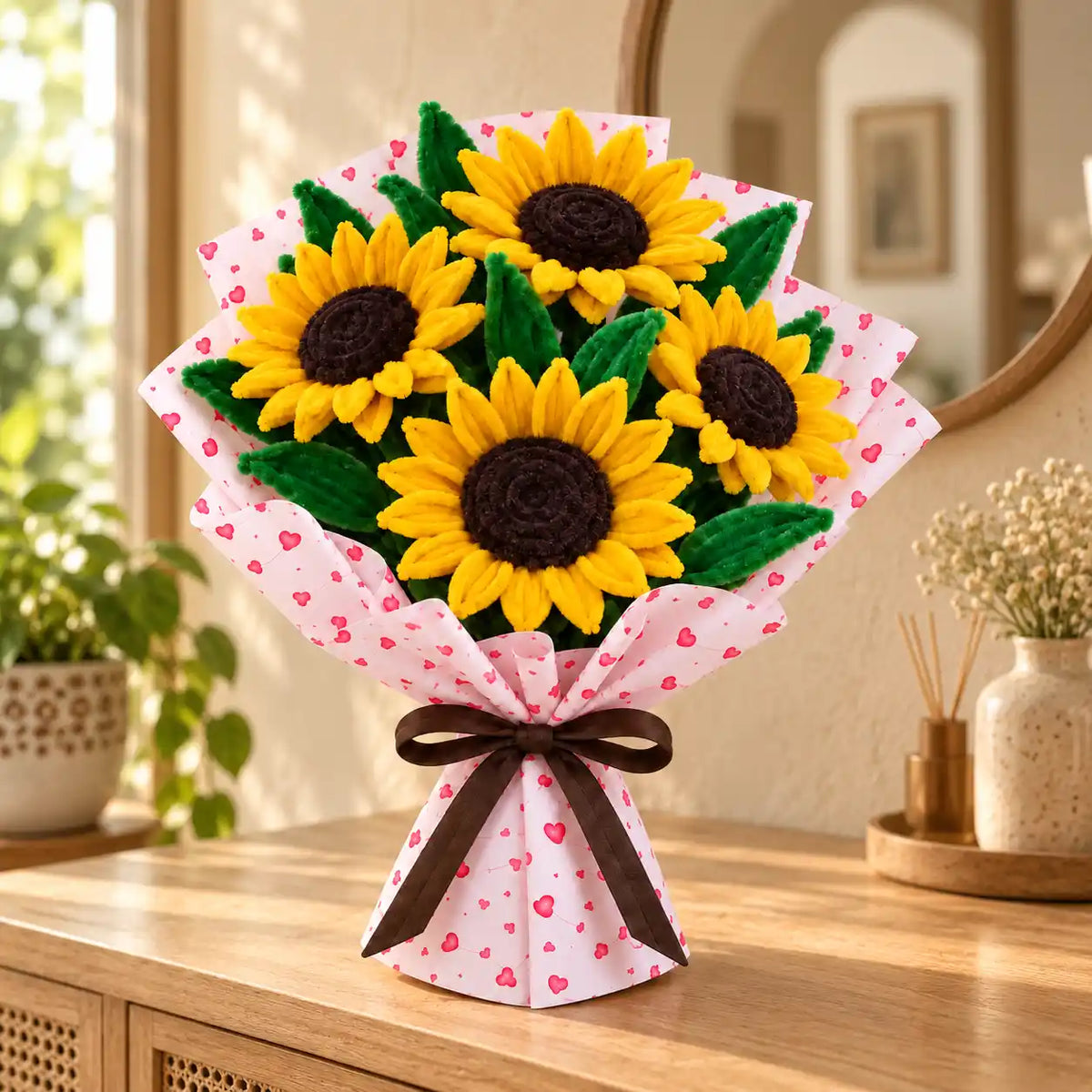 Handmade pipe cleaner sunflower bouquet displayed in a warm interior