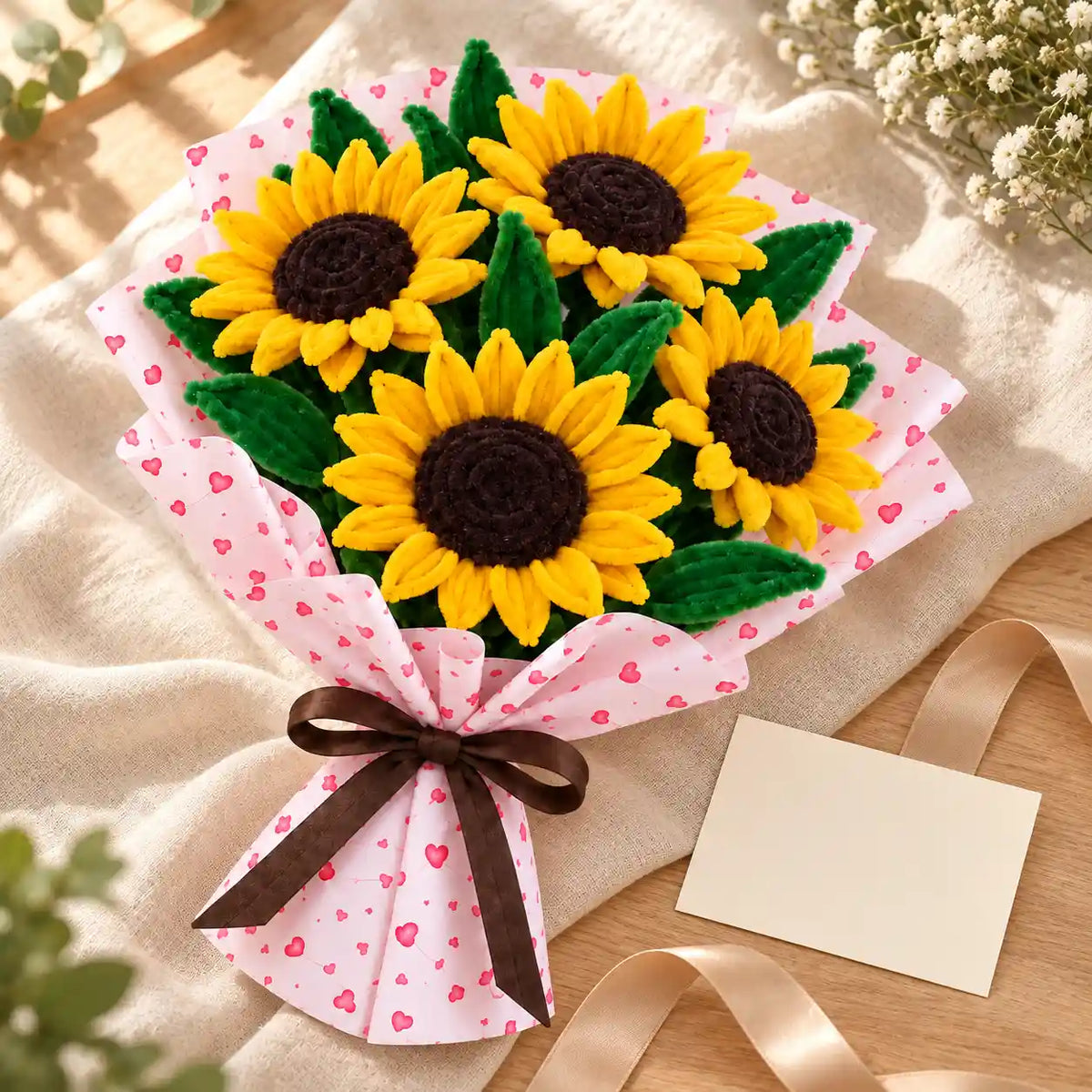 Pipe cleaner sunflower bouquet gift detail view