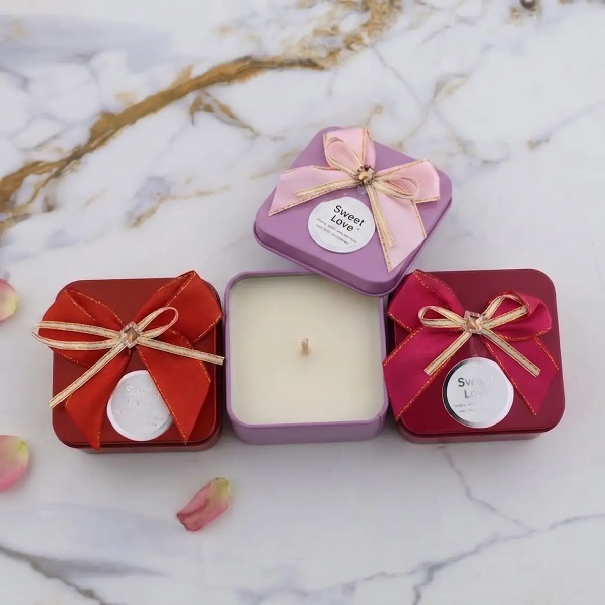 Sweet Love Square Tin Jars with Bow & Lids – 12 Pieces - example candle filling