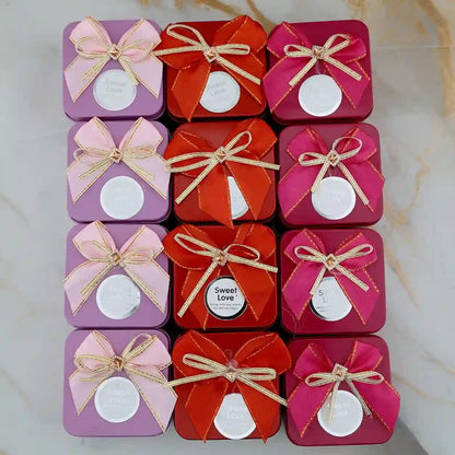 Sweet Love Square Tin Jars with Bow & Lids – 12 Pieces - 12-piece pack