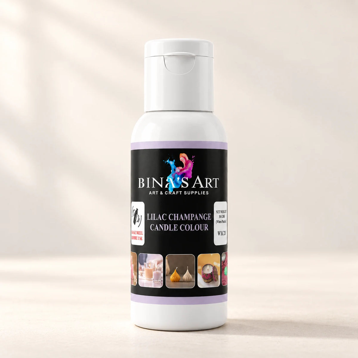 Lilac Champagne Candle Colour bottle showing the original product label