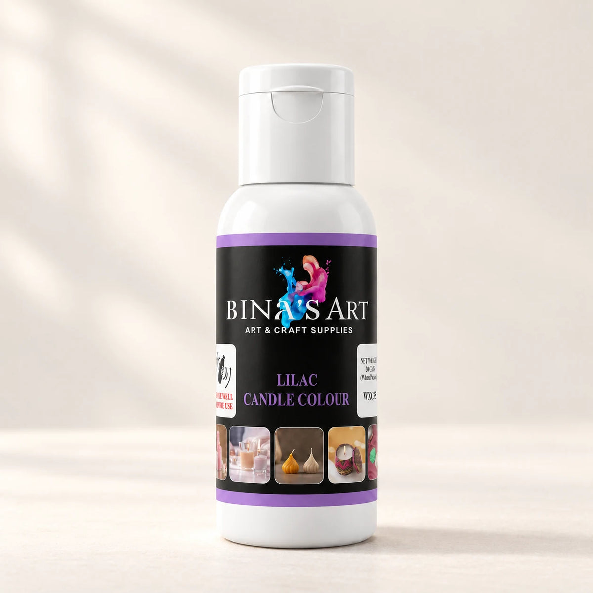 Lilac Candle Colour bottle showing the original product label